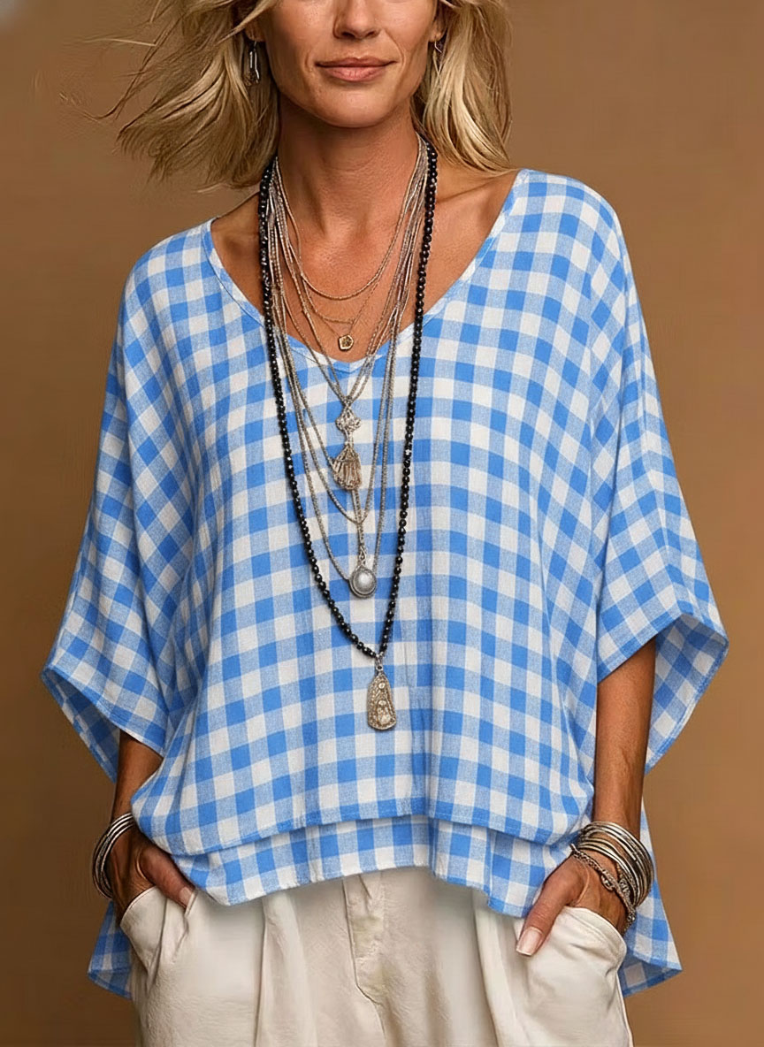 Casual V Neck Plaid Tunic Loose Comfort Fit Linen-Look Short Sleeve Blouse
