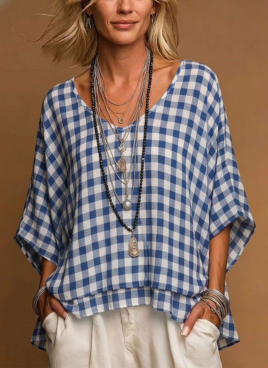 Casual V Neck Plaid Tunic Loose Comfort Fit Linen-Look Short Sleeve Blouse