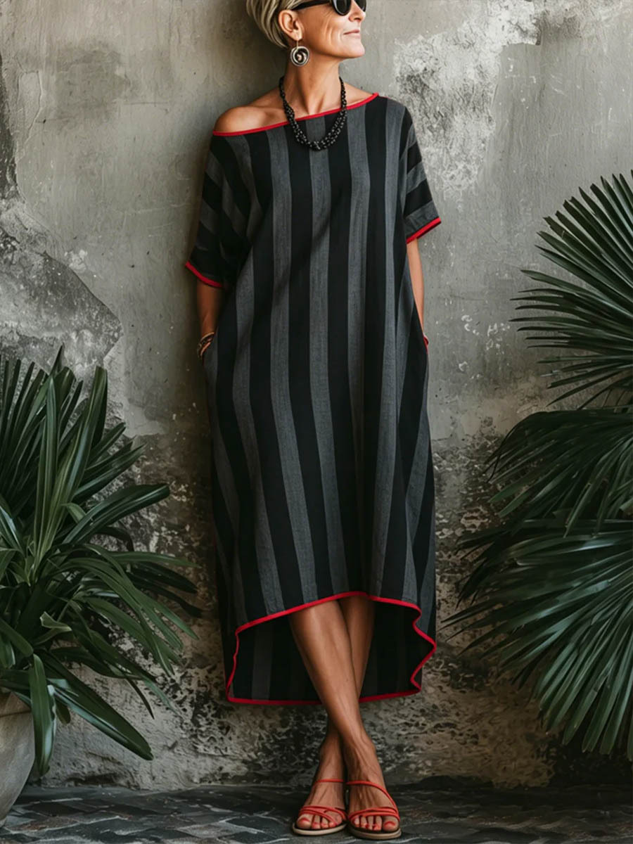 Women's Striped Print Round-neck Short-sleeve Casual Loose Cotton-linen Dress