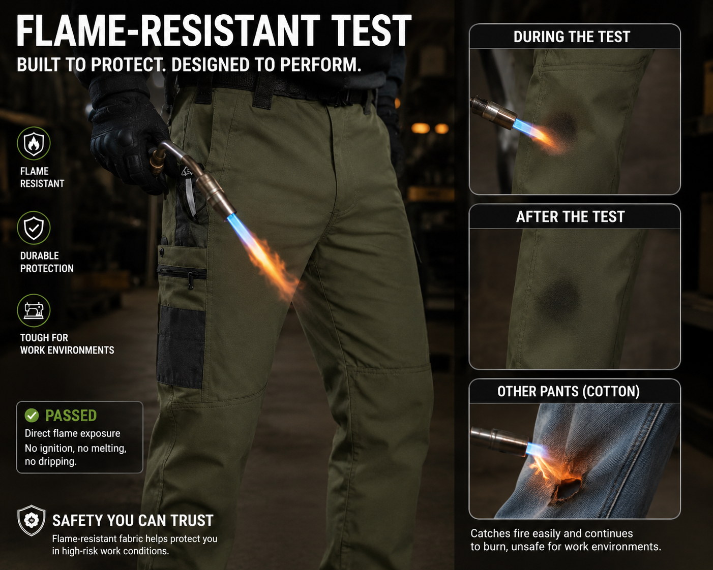 Flame-resistant test tactical work pants