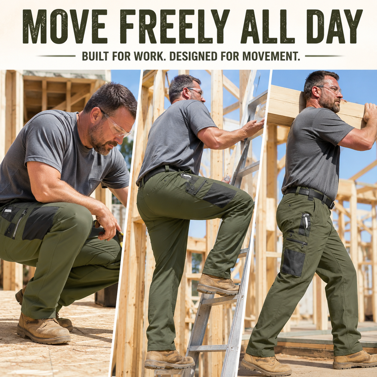 Move freely all day tactical work pants crouching climbing carrying wood