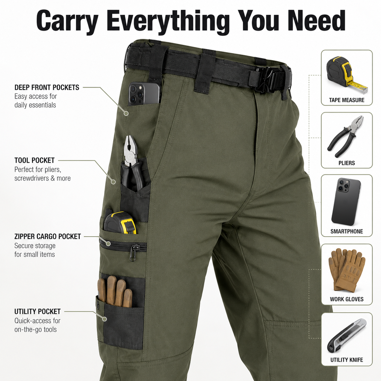 Multi-pocket tactical work pants carry tools phone gloves tape measure