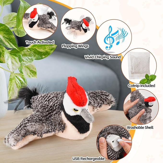 🔥Interactive Cat Toys, Rechargeable Chirping Flapping Bird with Catnip for Indoor Cats