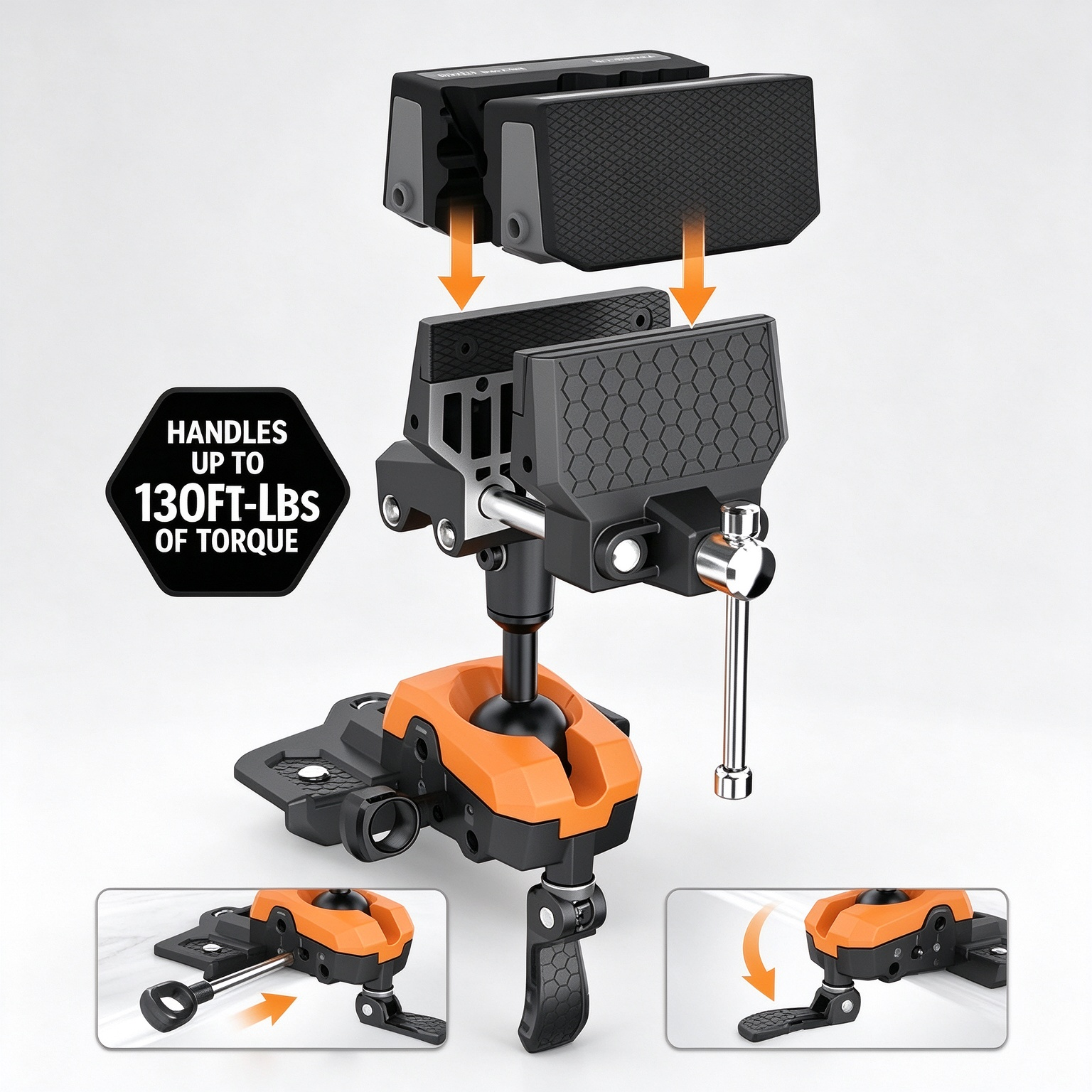 360° Articulating Bench Vise – Lock Any Angle With One Hand, 8 Locking Positions, Swap-In Jaw Pads, Base & XL