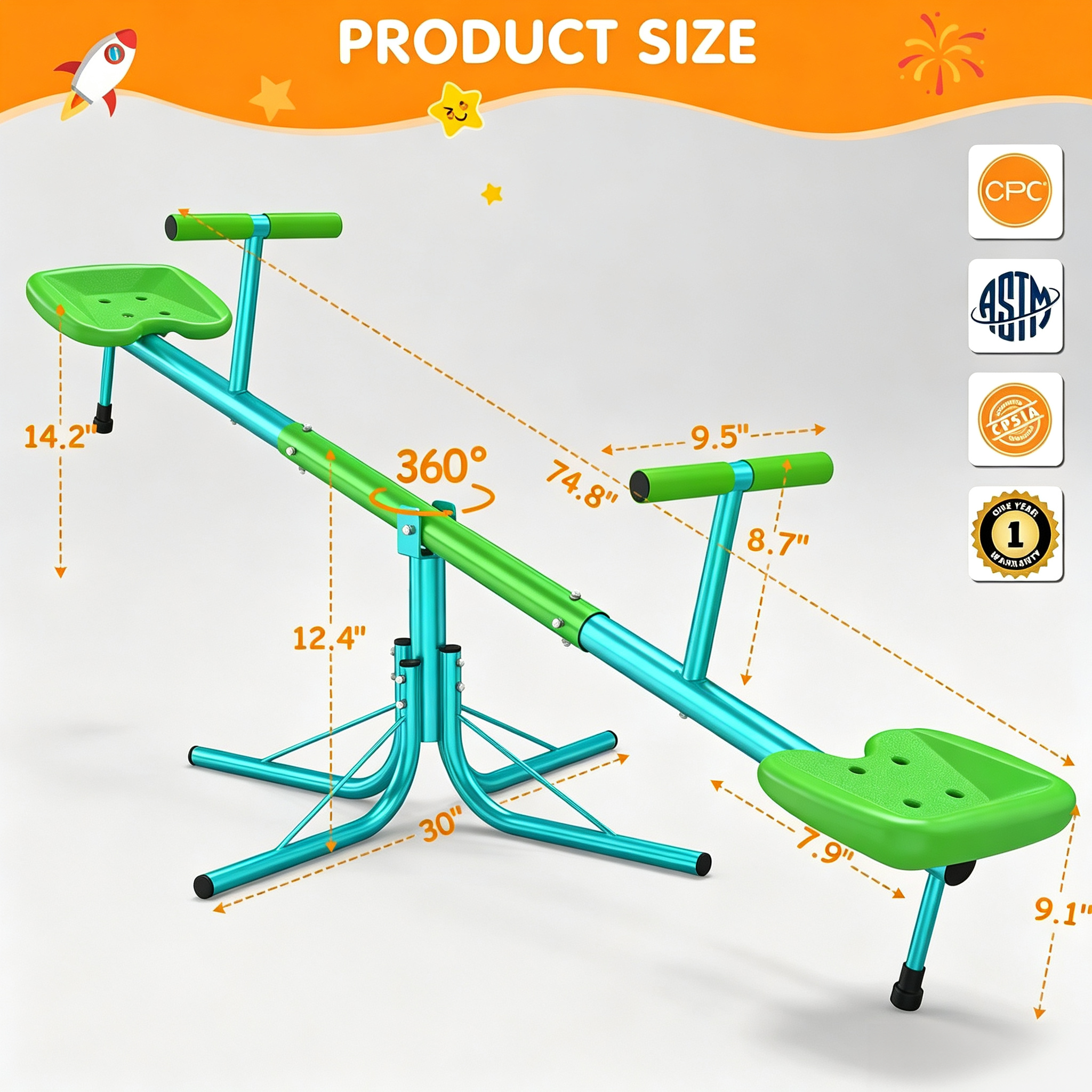 360° Spin Seesaw for Kids – Bounce & Rotate 2-Player Teeter Totter, 100 lb Per Seat, Outdoor Backyard Toy