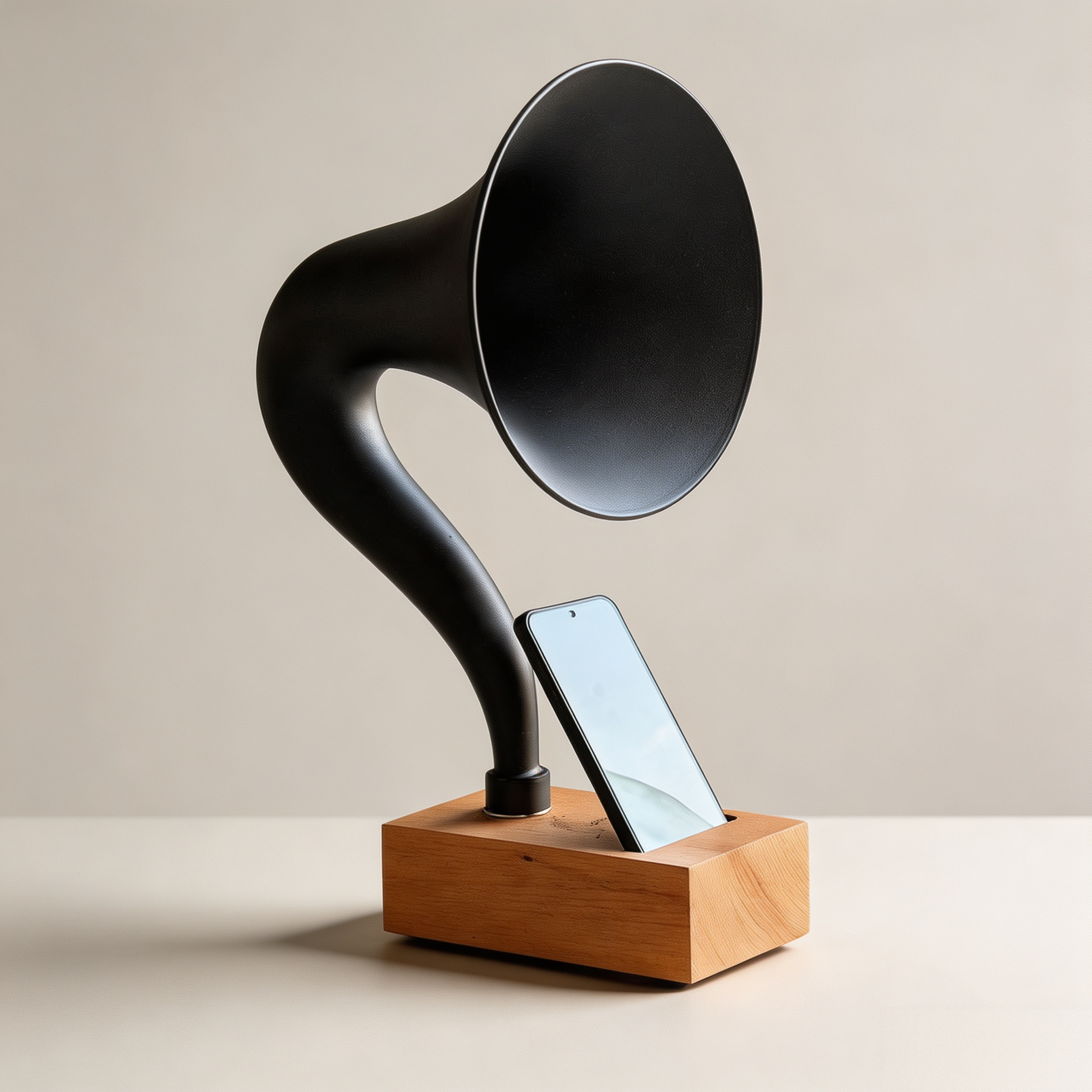 Wooden Phone Gramophone with Metal Horn – Vintage Passive Acoustic Smartphone Amplifier, No Battery Required, Retro Home Décor Gift