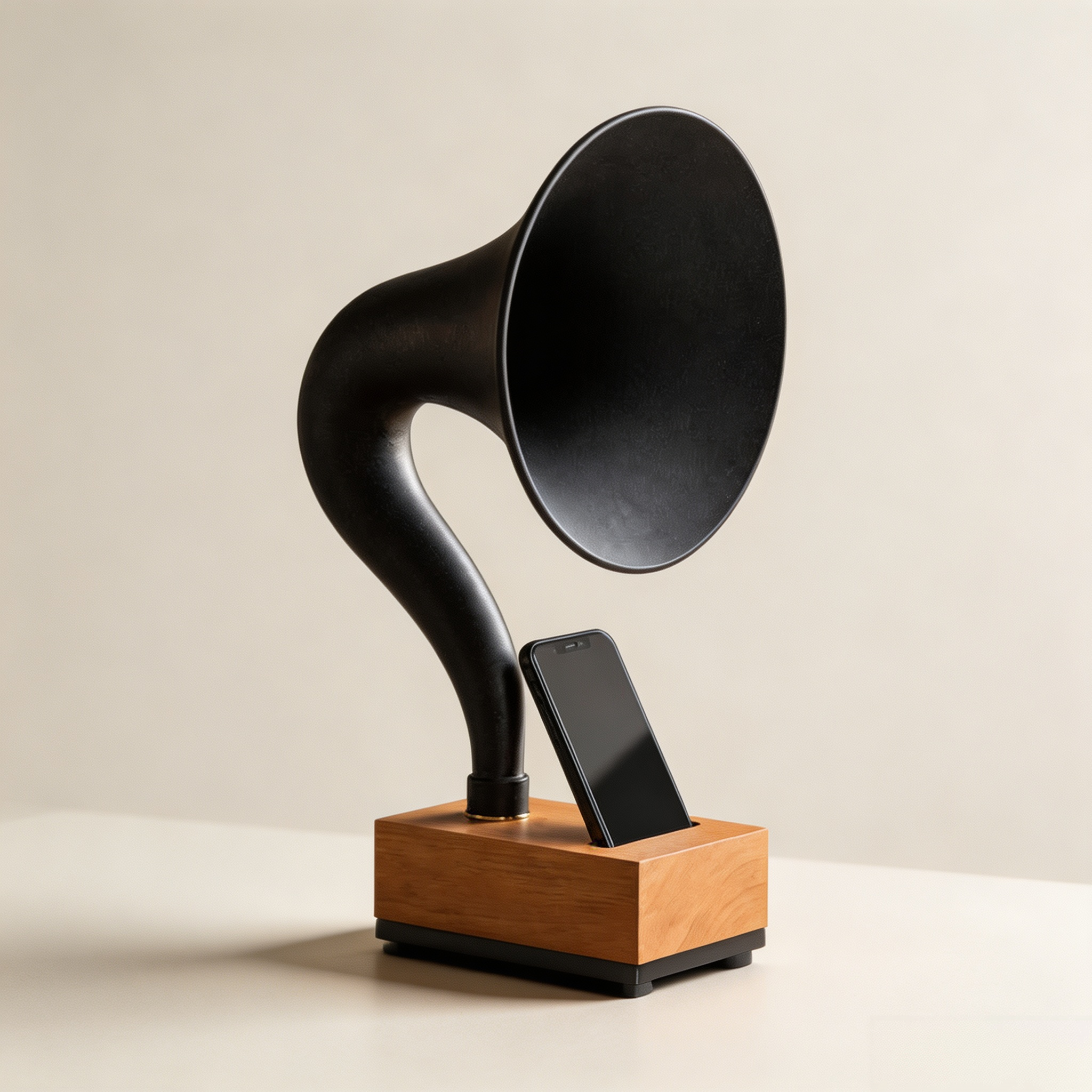 Wooden Phone Gramophone with Metal Horn – Vintage Passive Acoustic Smartphone Amplifier, No Battery Required, Retro Home Décor Gift