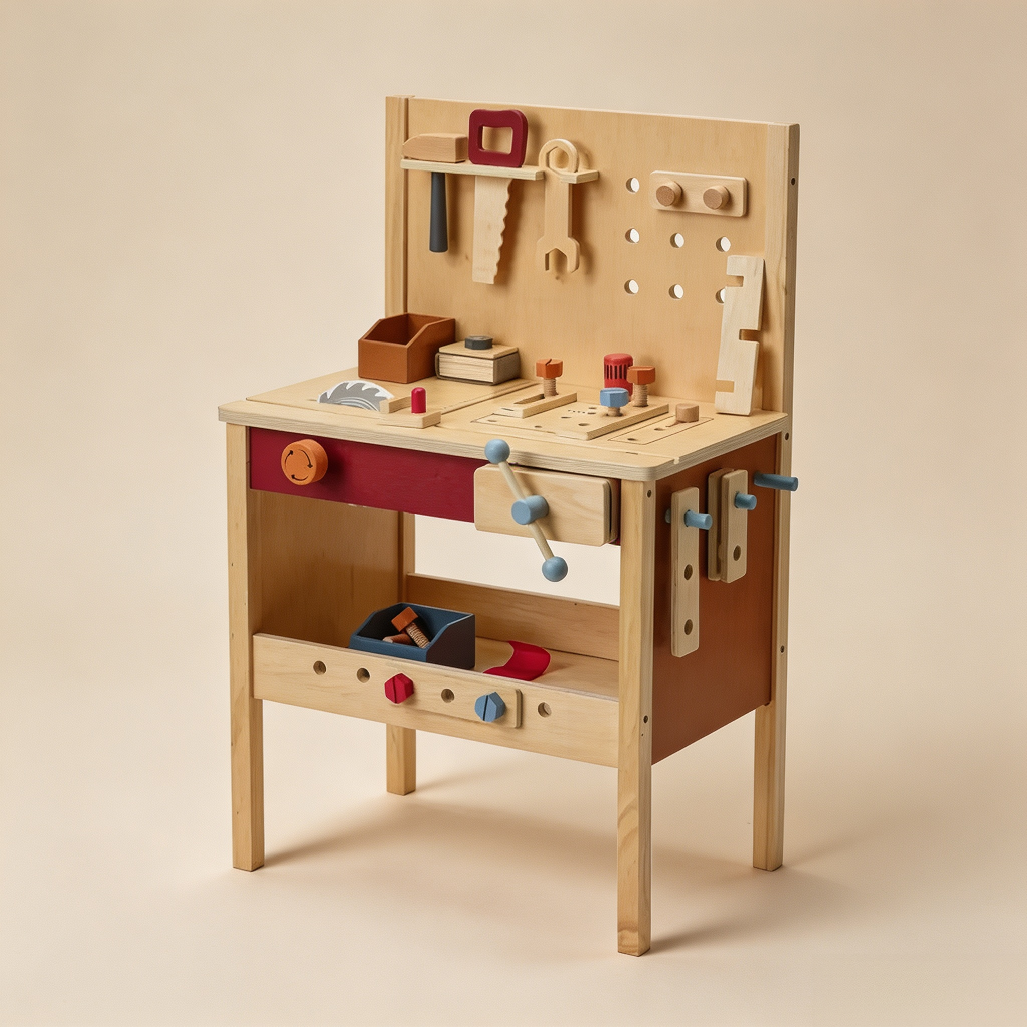 Kids Wooden Tool Bench – Mini Workshop with Spinning Toy Saw, Clamp & 40+ Accessories for Pretend Play