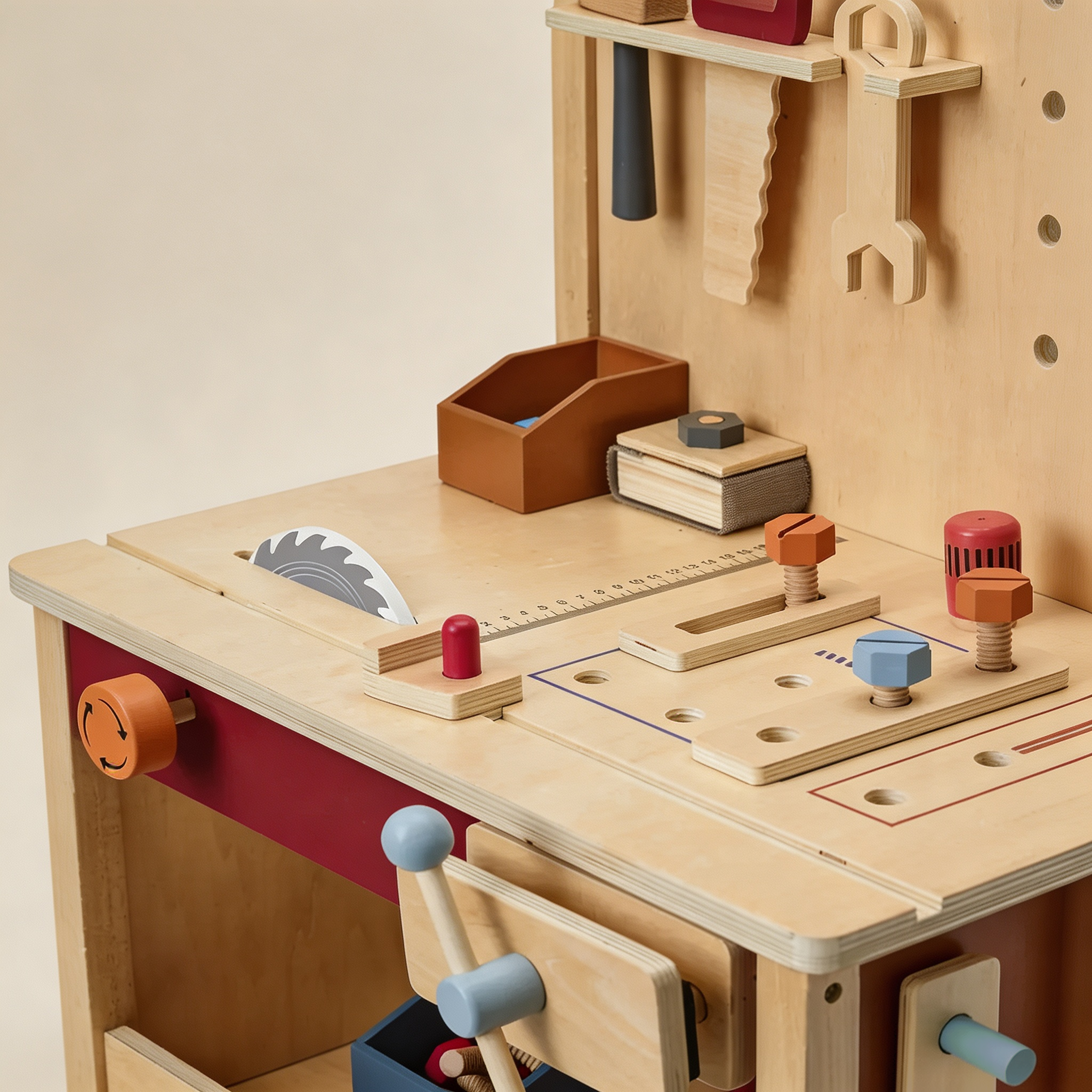 Kids Wooden Tool Bench – Mini Workshop with Spinning Toy Saw, Clamp & 40+ Accessories for Pretend Play