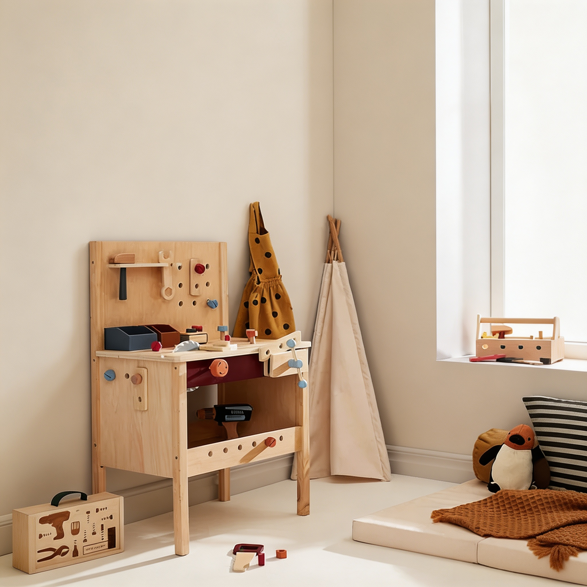 Kids Wooden Tool Bench – Mini Workshop with Spinning Toy Saw, Clamp & 40+ Accessories for Pretend Play