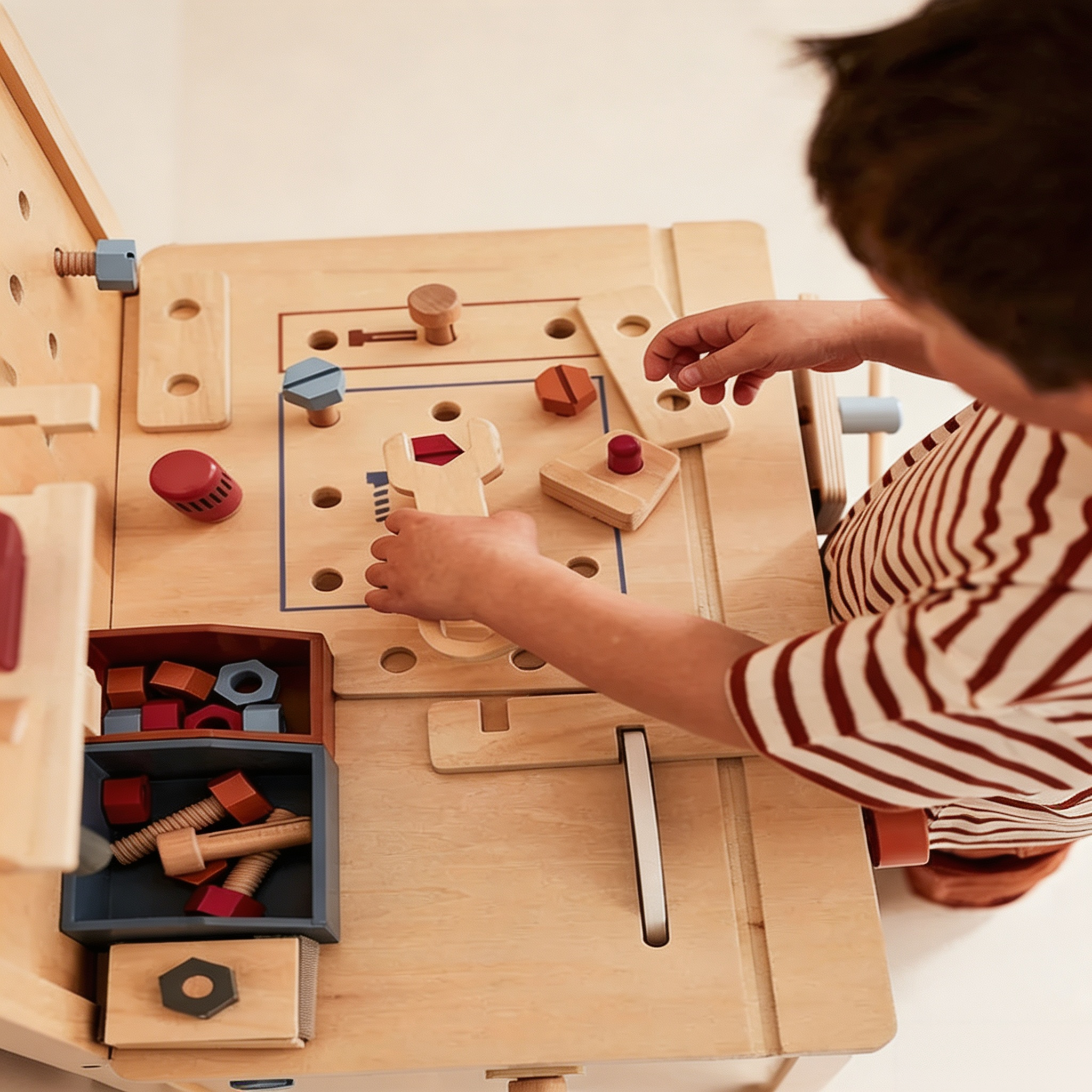 Kids Wooden Tool Bench – Mini Workshop with Spinning Toy Saw, Clamp & 40+ Accessories for Pretend Play