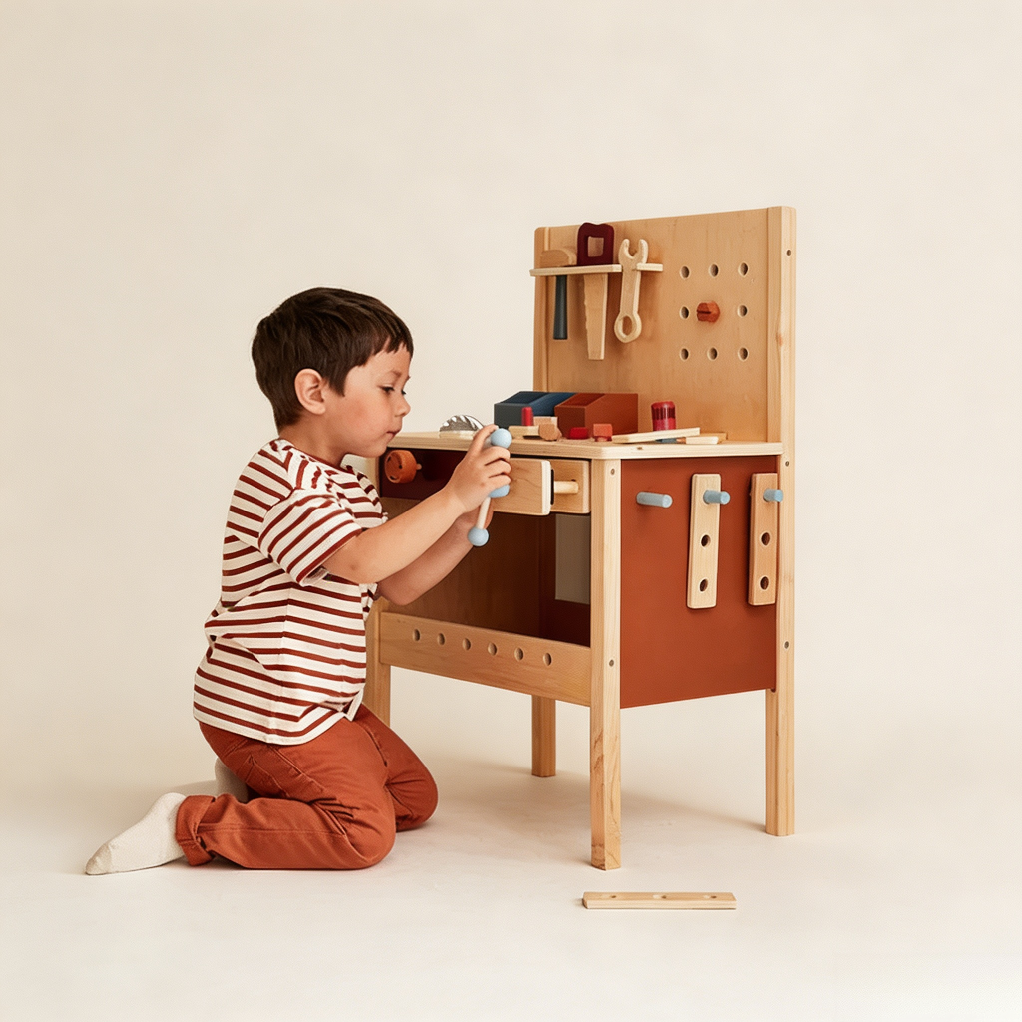 Kids Wooden Tool Bench – Mini Workshop with Spinning Toy Saw, Clamp & 40+ Accessories for Pretend Play