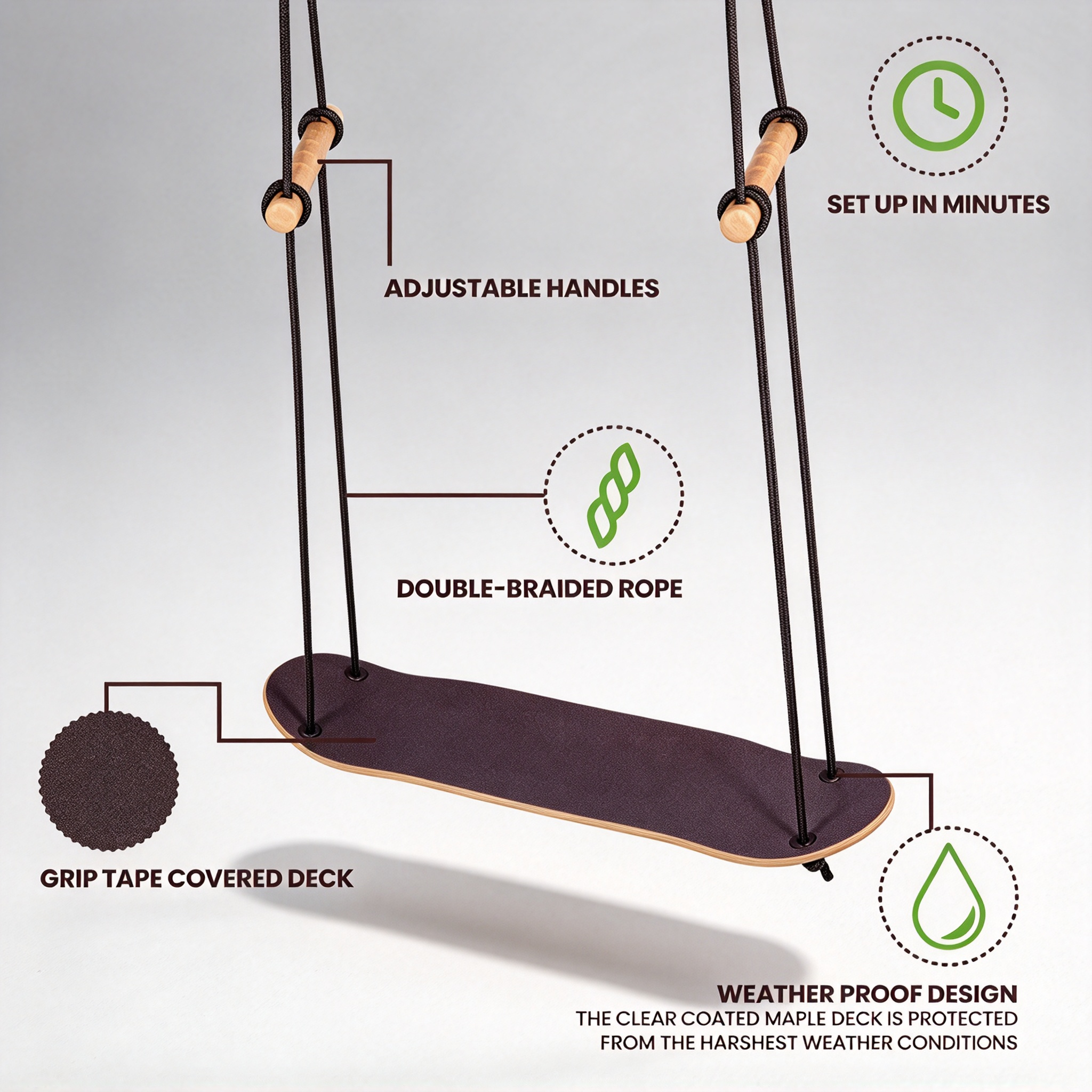 Stand-Up Skateboard Swing – 31" Maple Deck, 200 lbs Capacity, Ages 6+