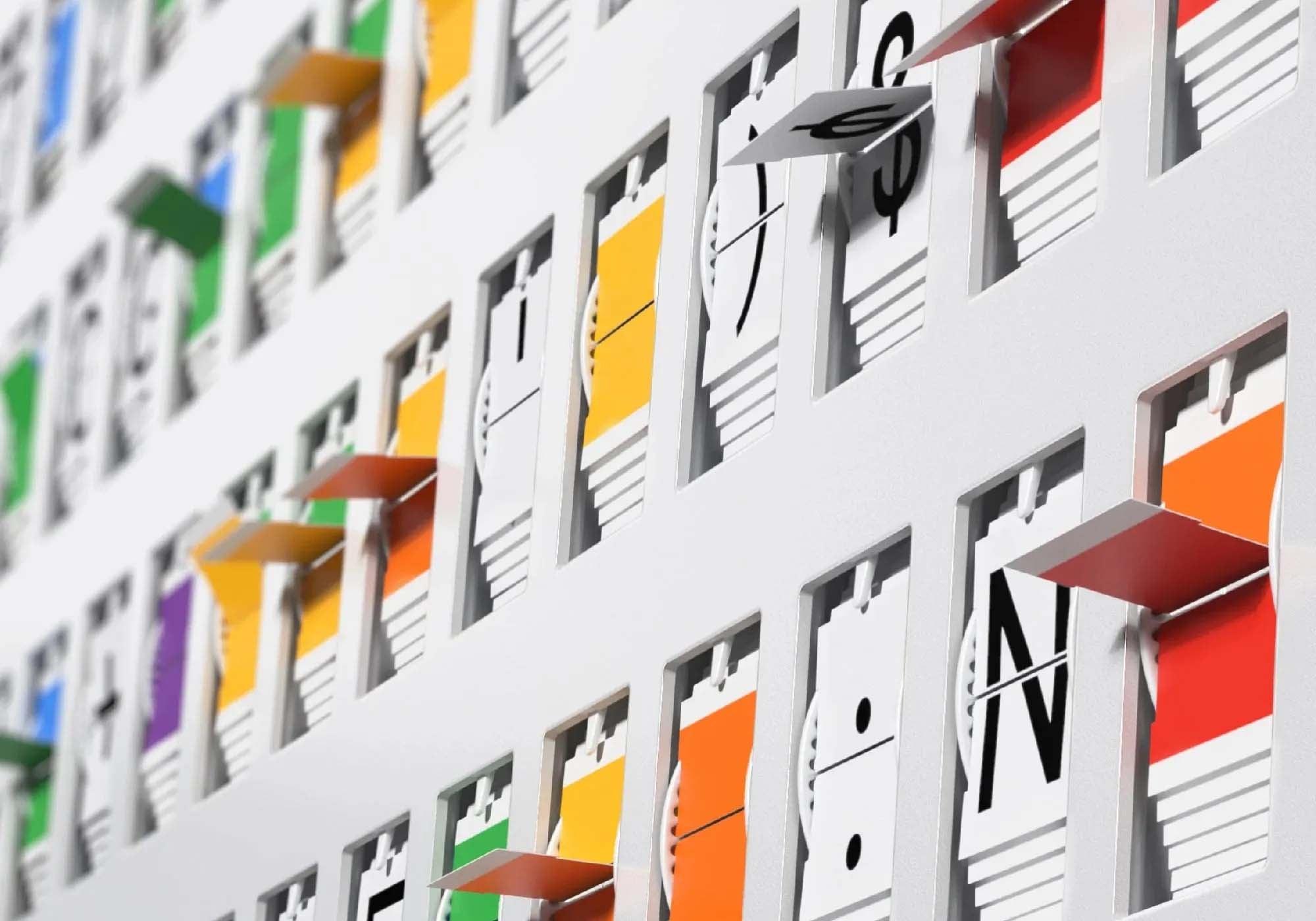 Close-up of the colorful mechanical message modules