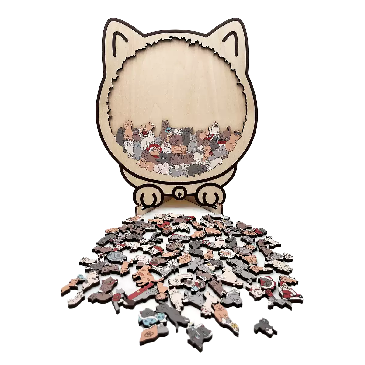 Cat-shaped wooden magnetic puzzle, 135 pieces – Challenging Irregular Jigsaw with Frame & Elegant Morandi Colors