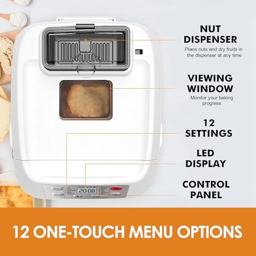 2 LB 12-in-1 Bread Maker – Gluten-Free Setting, Auto Fruit & Nut Dispenser, Non-Stick Pan