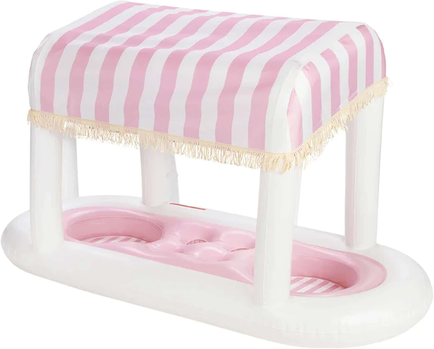 Giant Floating Drink Station – Pink Cabana Stripe with Removable Shade 🍹🌸🏊‍♀️