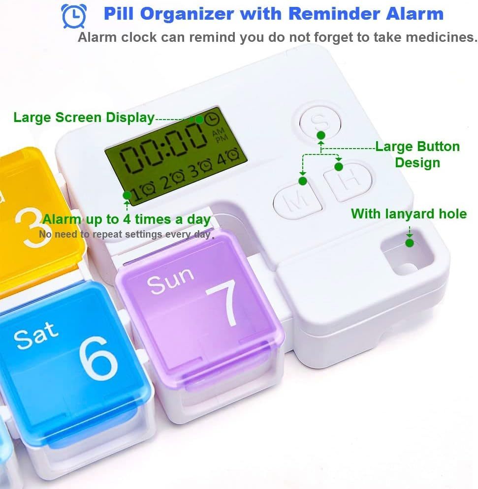 Weekly Pill Organizer with 4 Daily Alarms – Large Compartments, Loud Reminders, & Dustproof Case