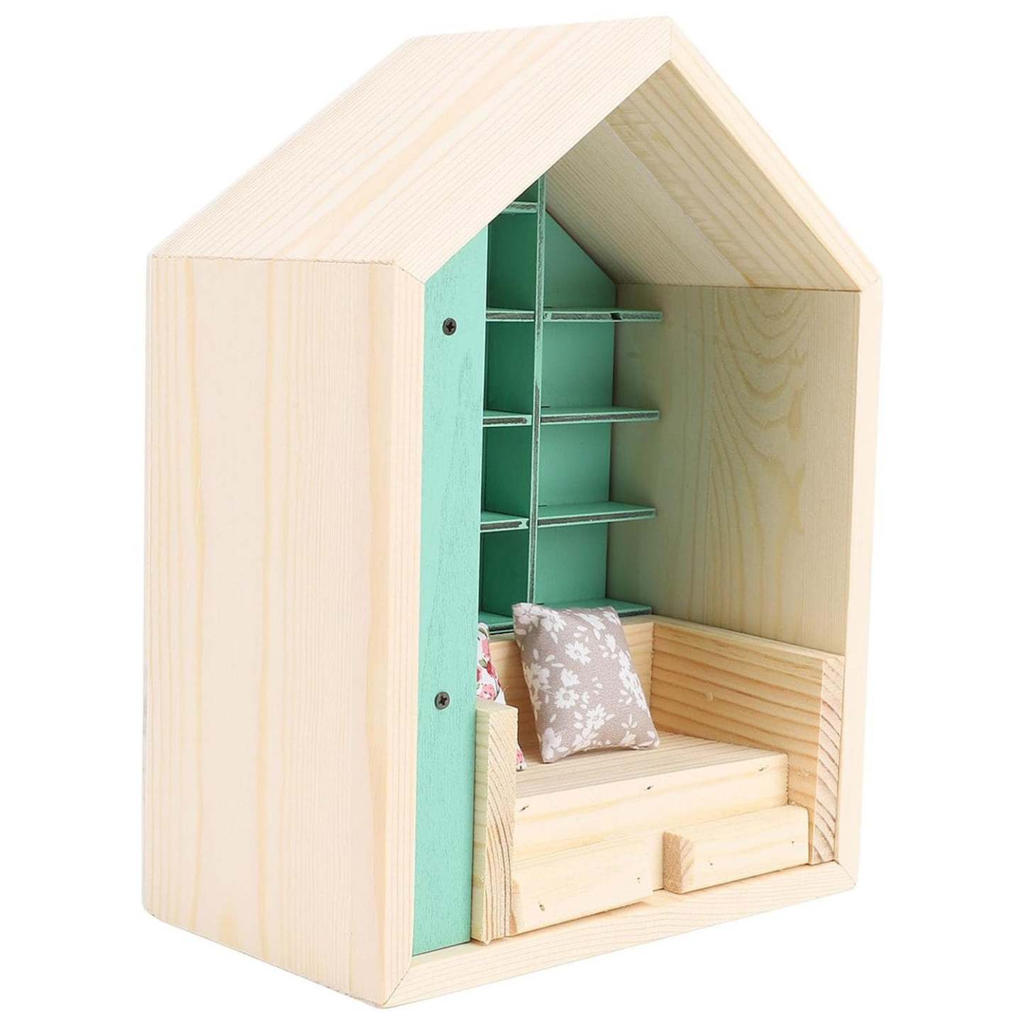 Mini Bookshelf for Anxiety Relief | Wooden Handmade Dollhouse Bookshelf with 2 Pillow Decorations