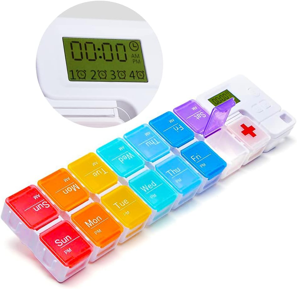 Weekly Pill Organizer with 4 Daily Alarms – Large Compartments, Loud Reminders, & Dustproof Case