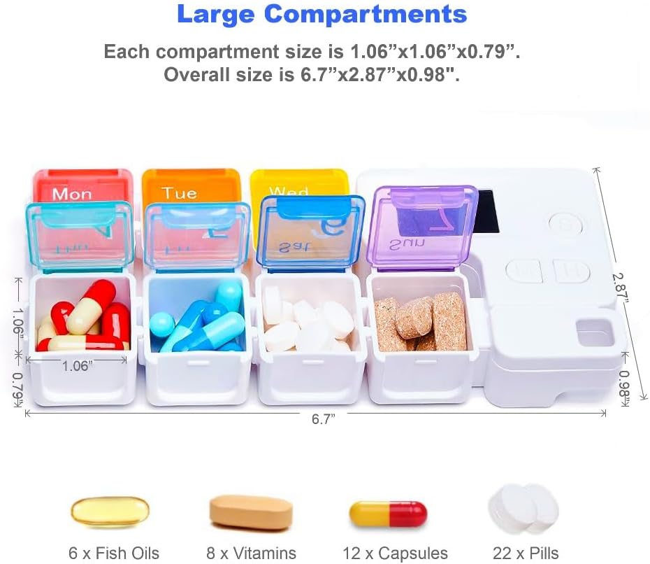 Weekly Pill Organizer with 4 Daily Alarms – Large Compartments, Loud Reminders, & Dustproof Case