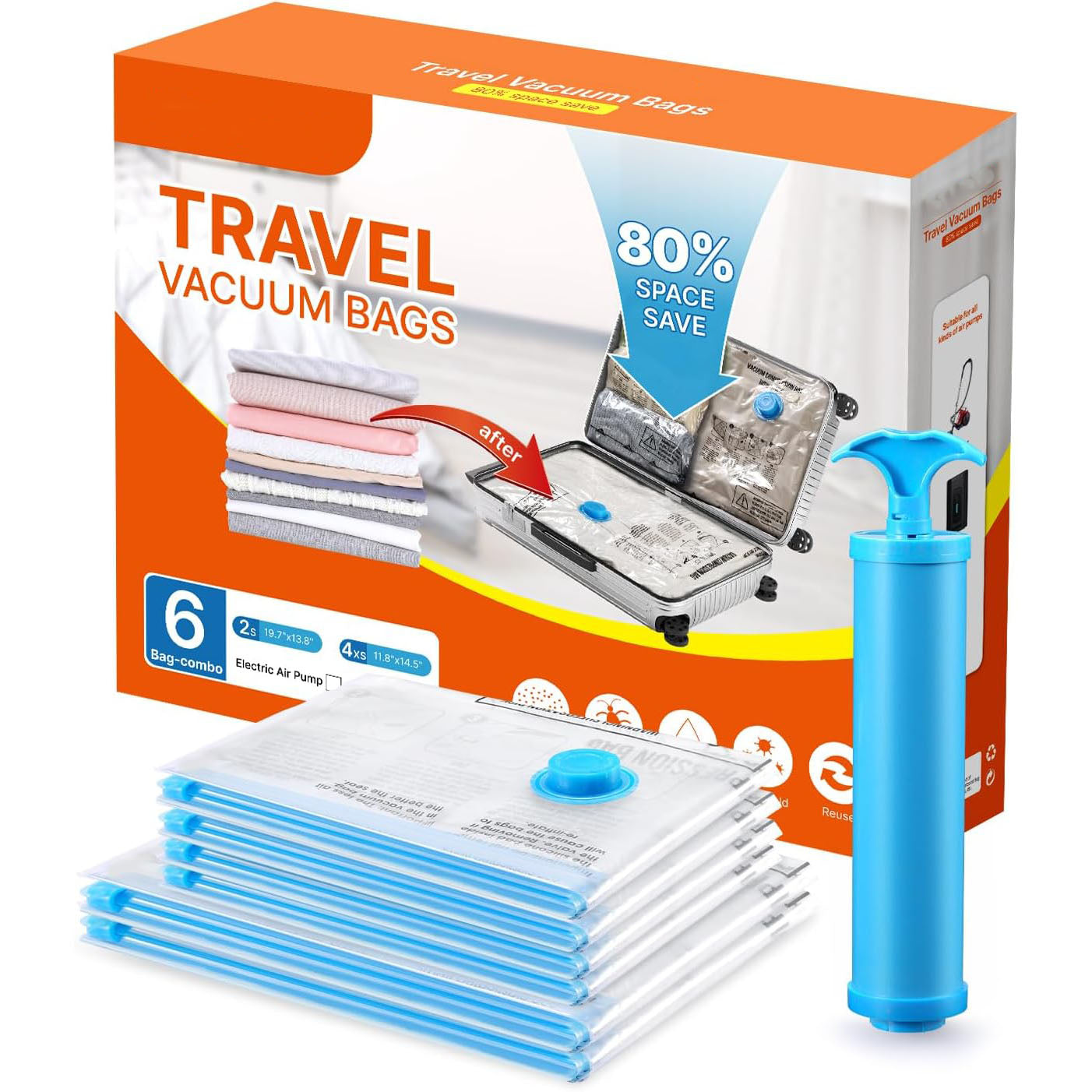 Travel Vacuum Bags with Portable Electric Pump – Space Saver Storage Bags for Clothing & Luggage