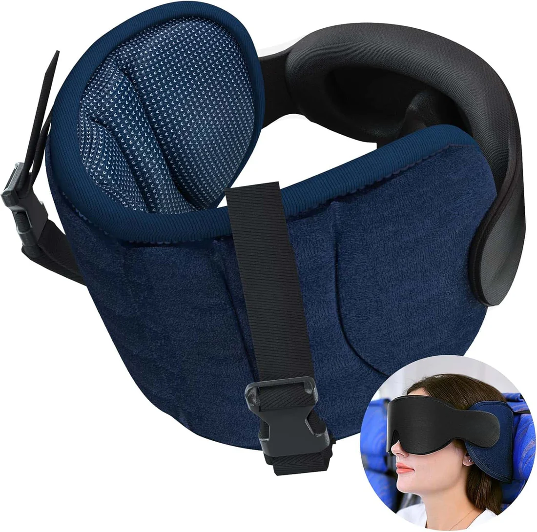 Travel Neck Pillow with Eye Mask – Ergonomic Memory Foam Pillow for Airplane & Car Travel