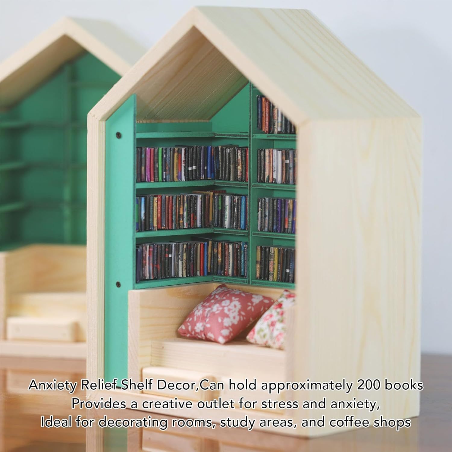 Mini Bookshelf for Anxiety Relief | Wooden Handmade Dollhouse Bookshelf with 2 Pillow Decorations