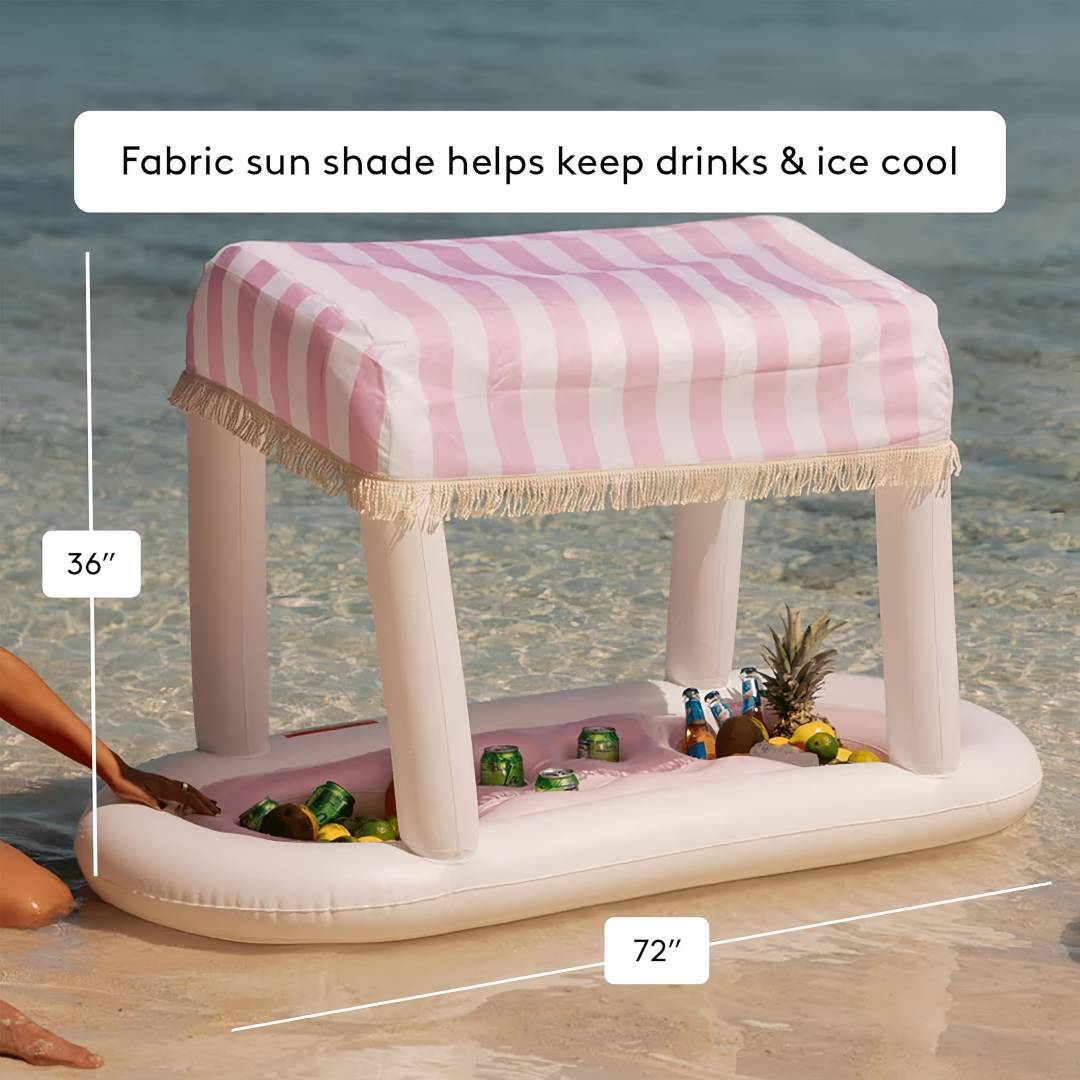 Giant Floating Drink Station – Pink Cabana Stripe with Removable Shade 🍹🌸🏊‍♀️