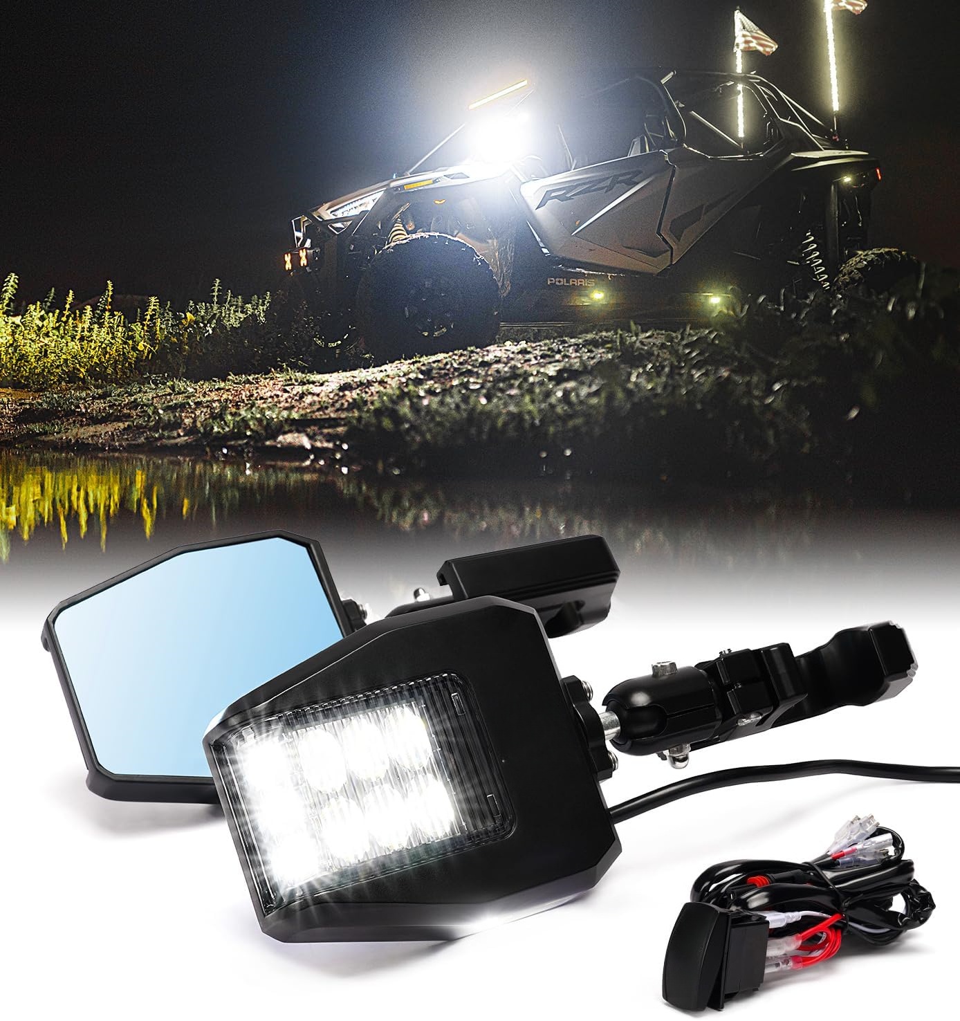 LED Side Mirror Kit – Aluminum Housing with Puddle Light for Off-Road Rigs 🚙💡🔲