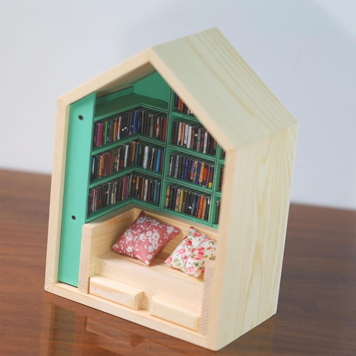 Mini Bookshelf for Anxiety Relief | Wooden Handmade Dollhouse Bookshelf with 2 Pillow Decorations