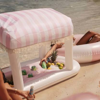 Giant Floating Drink Station – Pink Cabana Stripe with Removable Shade 🍹🌸🏊‍♀️