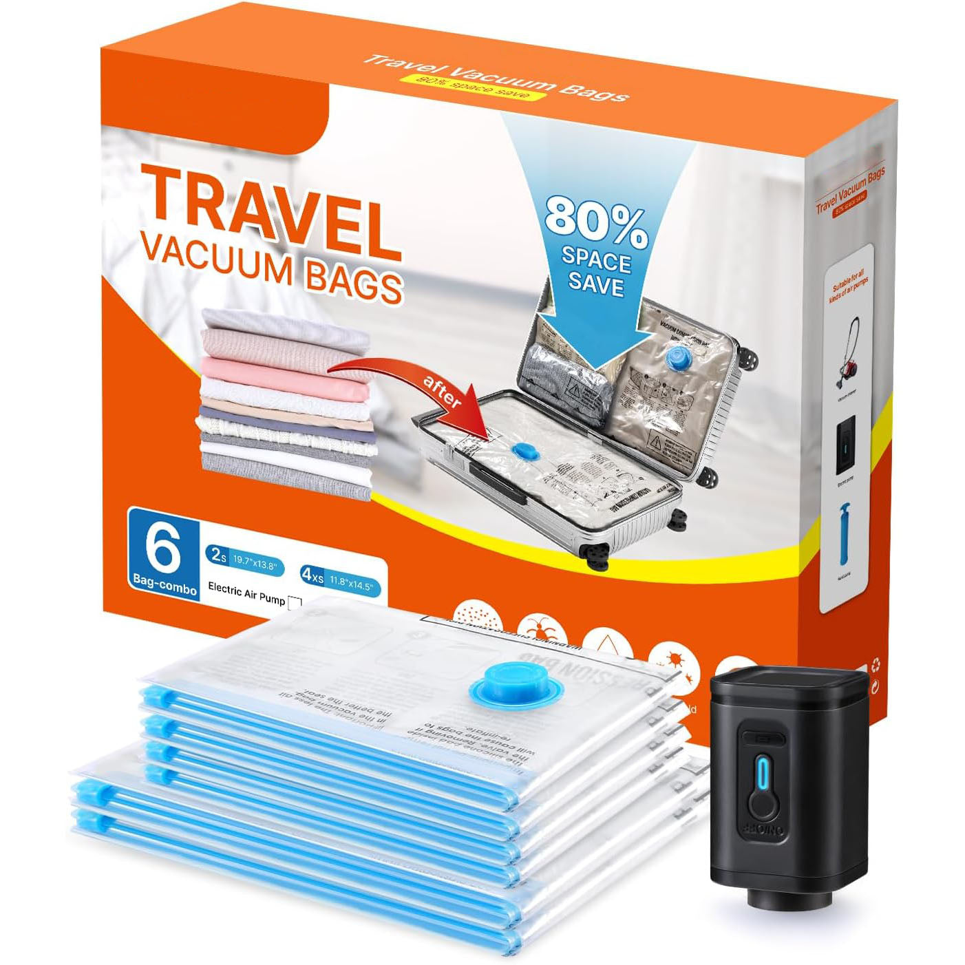 Travel Vacuum Bags with Portable Electric Pump – Space Saver Storage Bags for Clothing & Luggage
