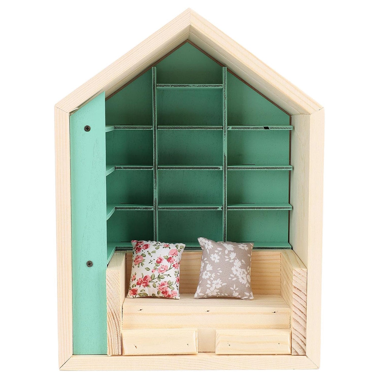 Mini Bookshelf for Anxiety Relief | Wooden Handmade Dollhouse Bookshelf with 2 Pillow Decorations