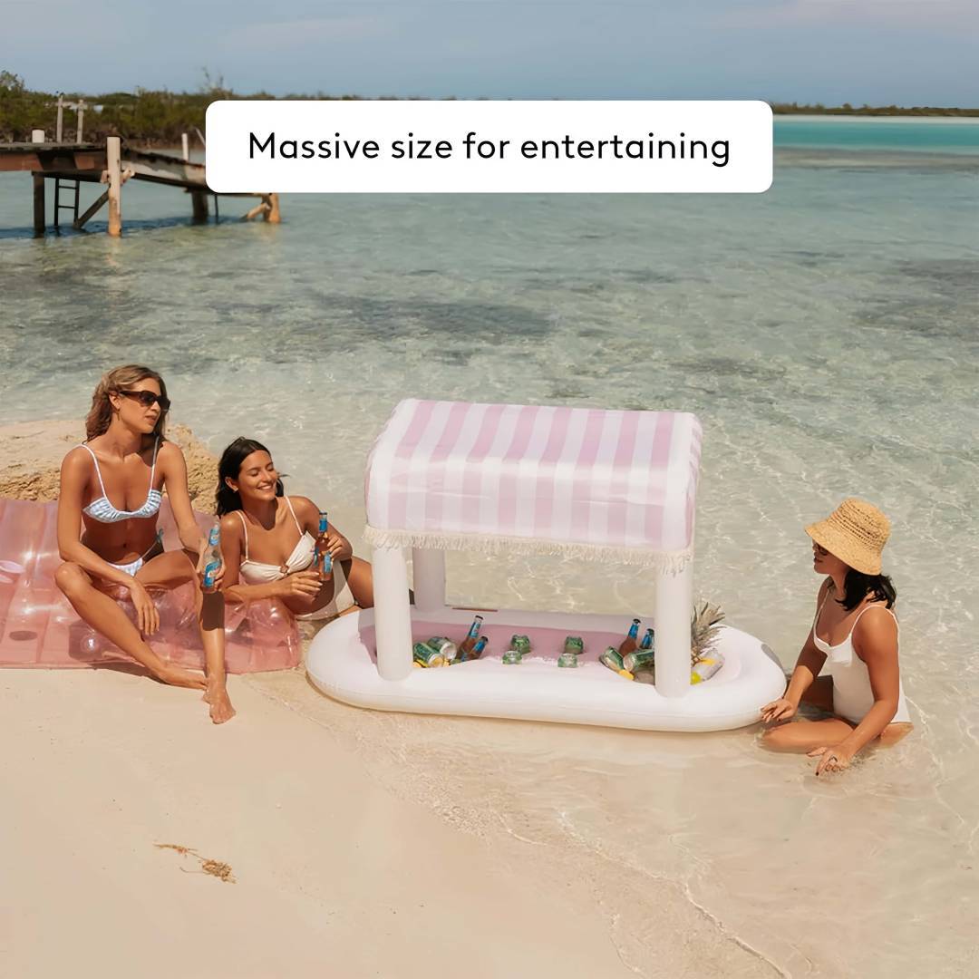 Giant Floating Drink Station – Pink Cabana Stripe with Removable Shade 🍹🌸🏊‍♀️