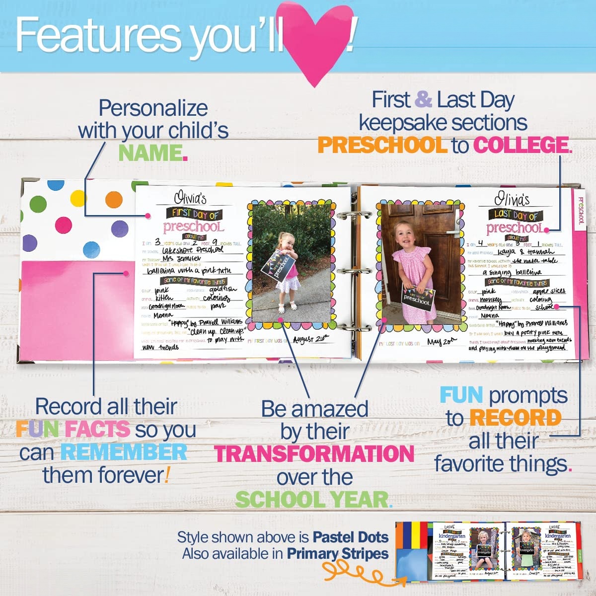 School Memory Book & First/Last Day Photo Signs – Keepsake Binder for Preschool to College
