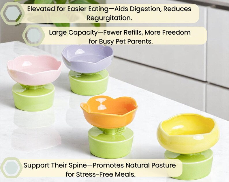 Flower-Shaped Elevated Ceramic Pet Bowl: Whisker Relief, Non-Slip