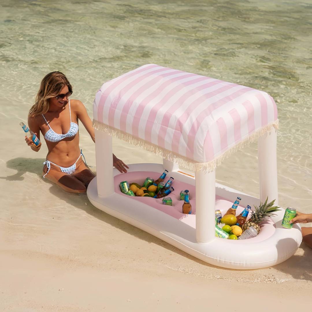 Giant Floating Drink Station – Pink Cabana Stripe with Removable Shade 🍹🌸🏊‍♀️