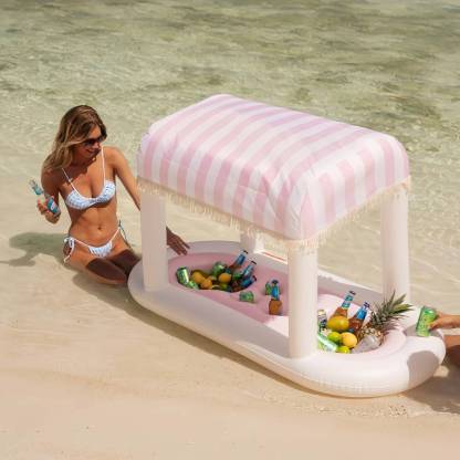 Giant Floating Drink Station – Pink Cabana Stripe with Removable Shade 🍹🌸🏊‍♀️