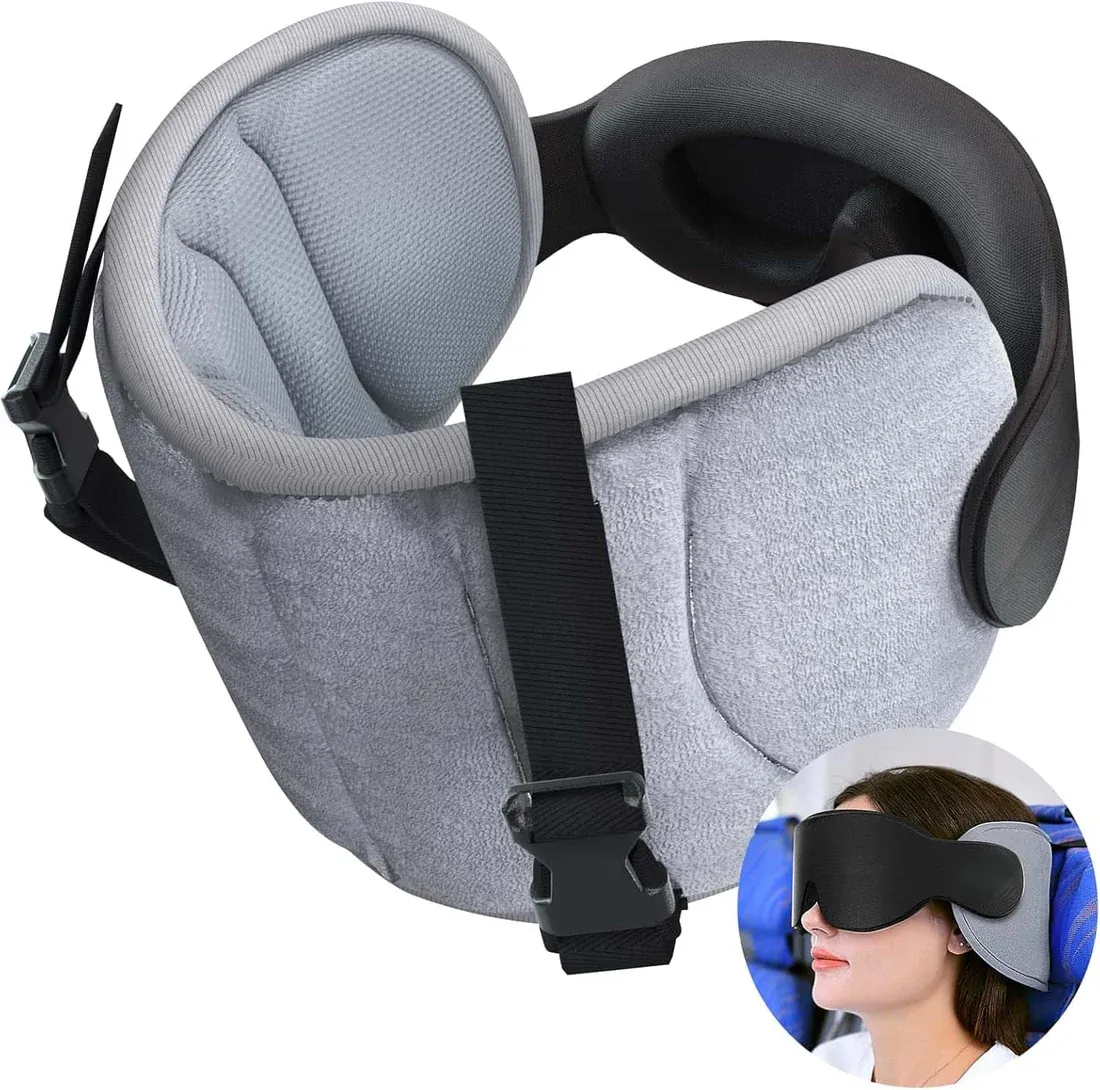 Travel Neck Pillow with Eye Mask – Ergonomic Memory Foam Pillow for Airplane & Car Travel