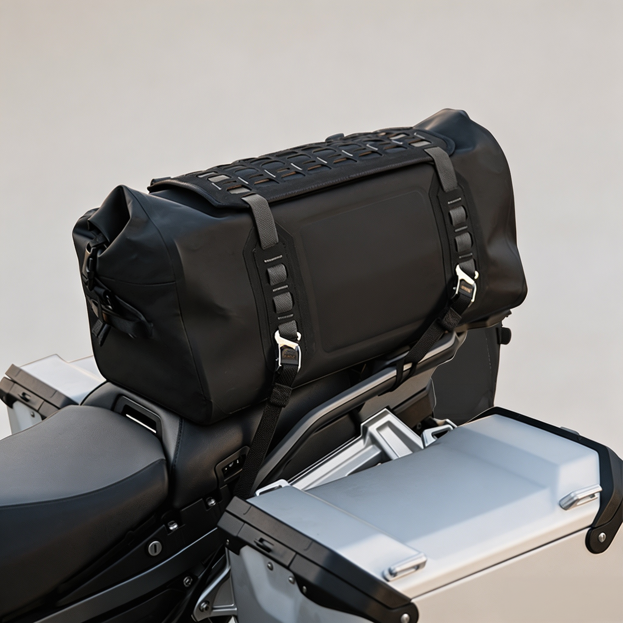 50L Waterproof Motorcycle Adventure Drypack – Rack-Free Pillion Mount, Self-Locking Straps, MOLLE-Ready Tail Bag for Touring & Off-Road