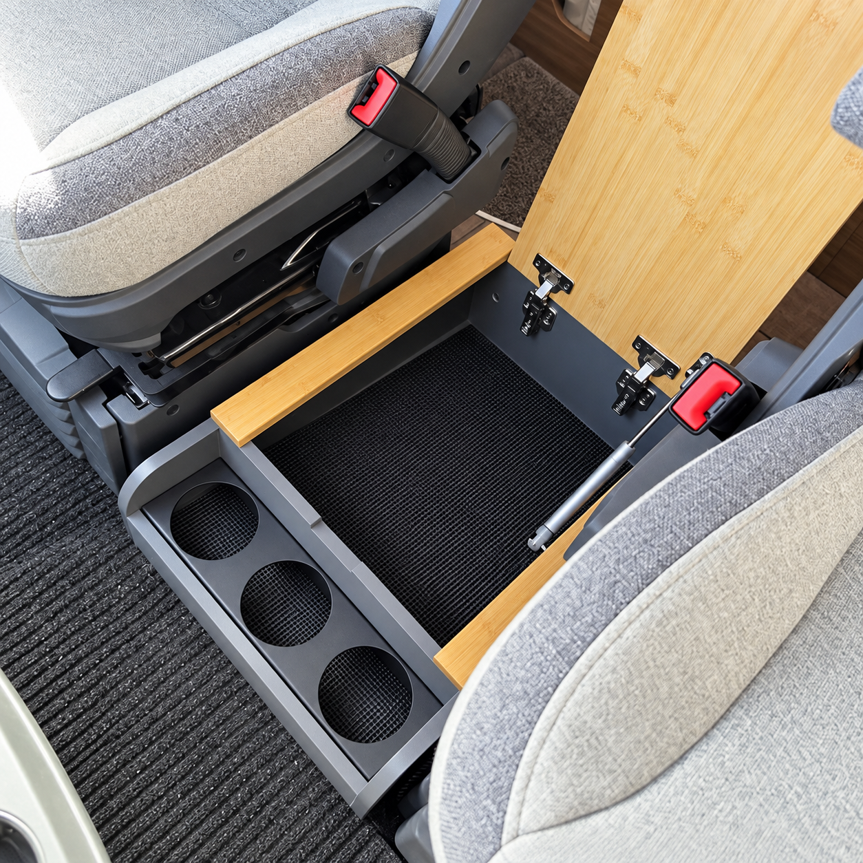 Pre-Assembled Camper Van Center Console – Storage Box with Cup Holder for Front Swivel Seats