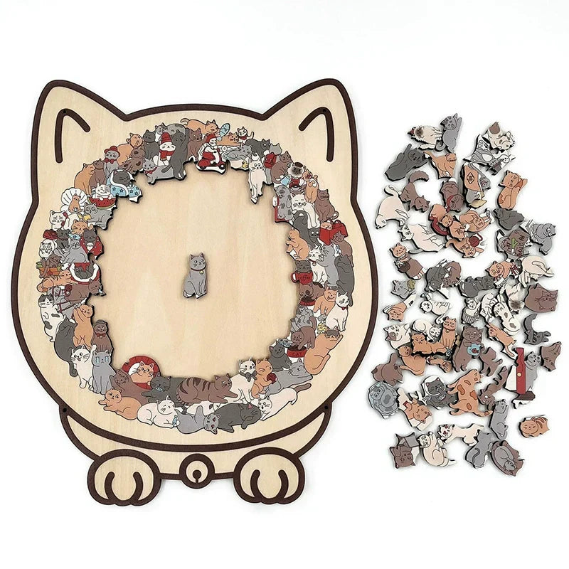 Cat-shaped wooden magnetic puzzle, 135 pieces – Challenging Irregular Jigsaw with Frame & Elegant Morandi Colors