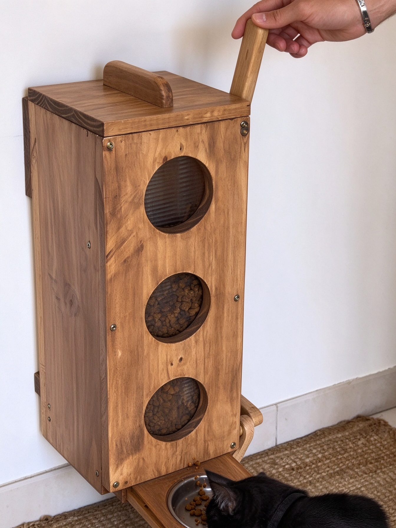 Wooden Lever-Operated Pet Feeder – Wall-Mounted Food Storage Dispenser for Cats & Small Dogs