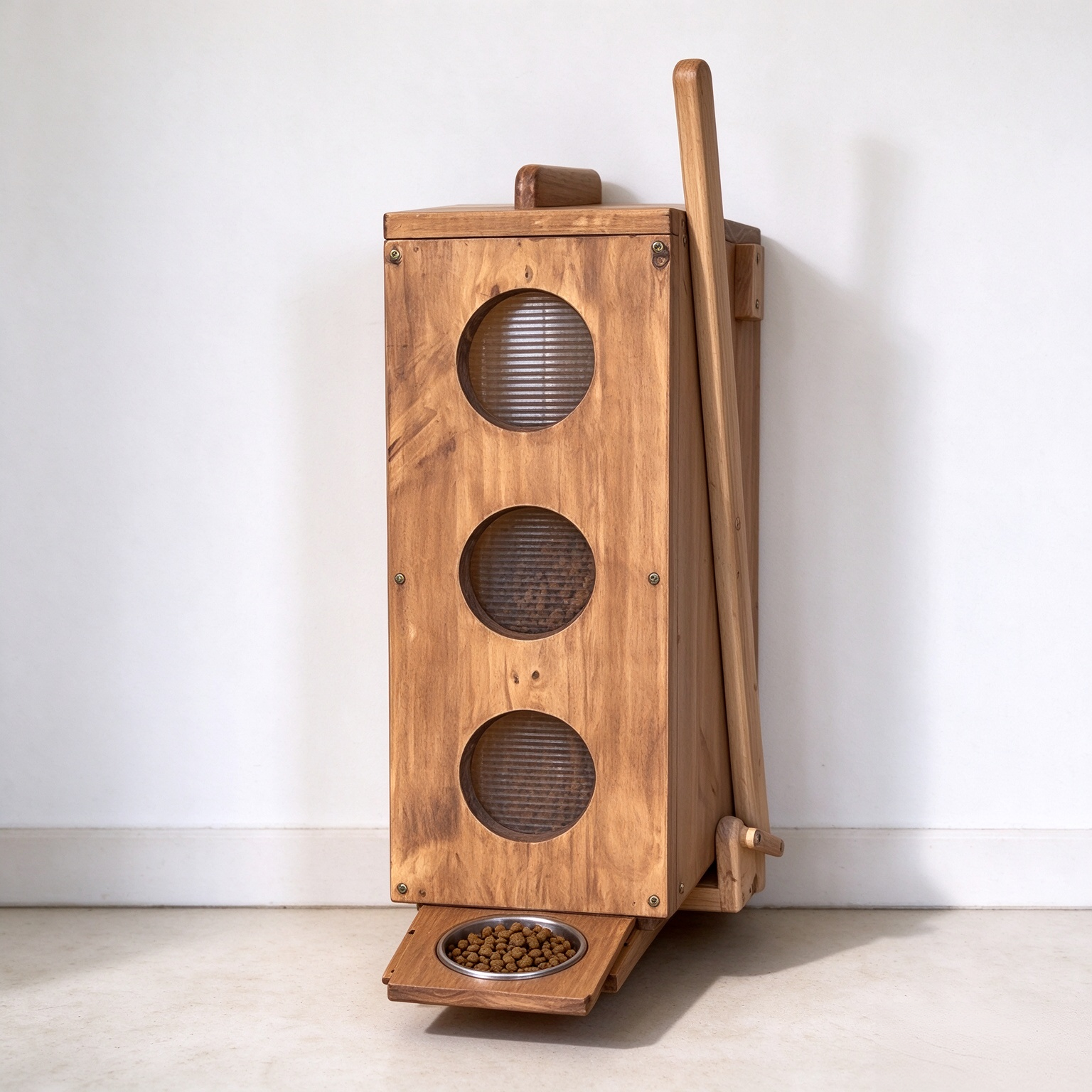 Wooden Lever-Operated Pet Feeder – Wall-Mounted Food Storage Dispenser for Cats & Small Dogs