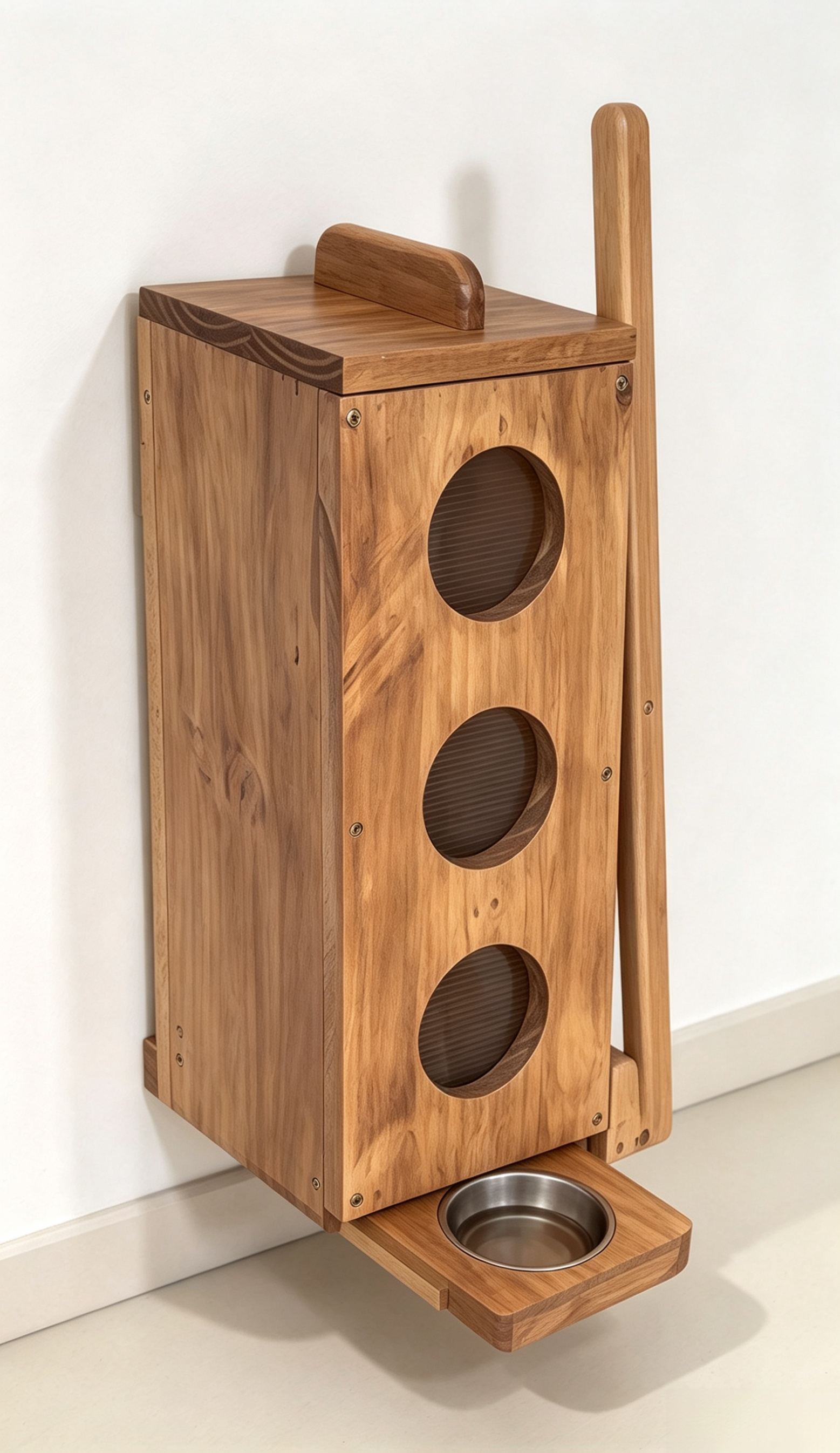 Wooden Lever-Operated Pet Feeder – Wall-Mounted Food Storage Dispenser for Cats & Small Dogs