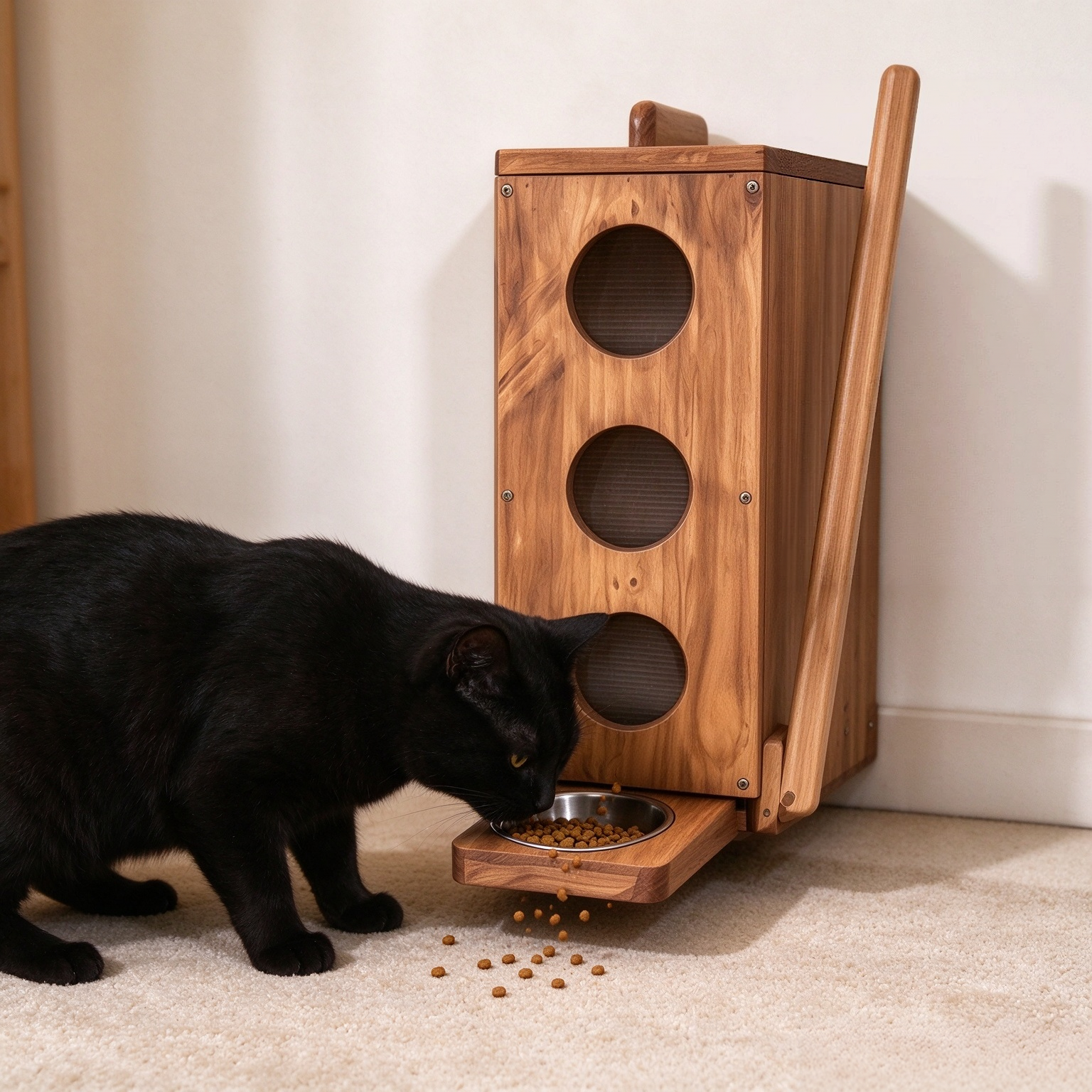 Wooden Lever-Operated Pet Feeder – Wall-Mounted Food Storage Dispenser for Cats & Small Dogs