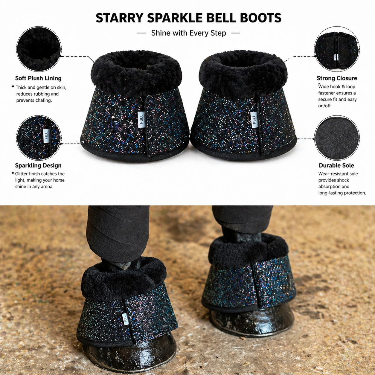 Shiny Black Star Bell Boots for Horses – Protective Horse Leg Gear