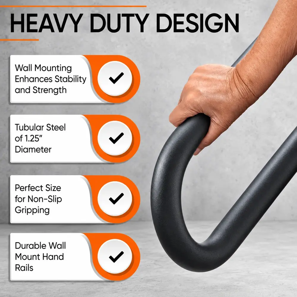 Close-up of the heavy-duty tubular steel handrail and secure grip