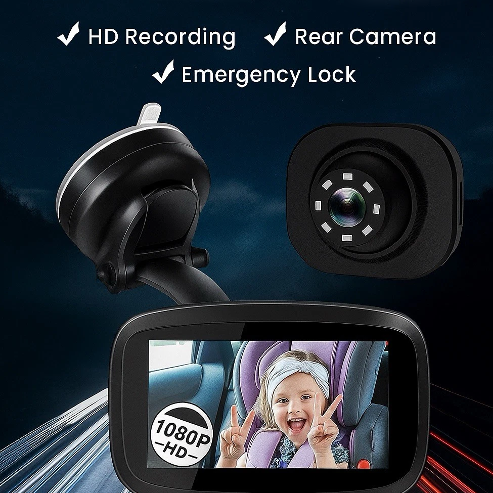 1080P Baby Car Mirror – 4.3" Monitor | 170° Wide View | Night Vision